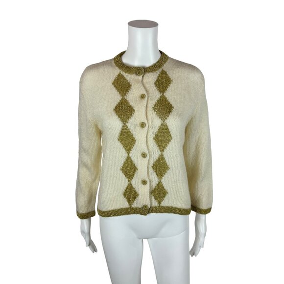 Vintage Sweaters - Vintage 80s Metallic Cardigan Women's Large Gold Harlequin Diamonds Sweater